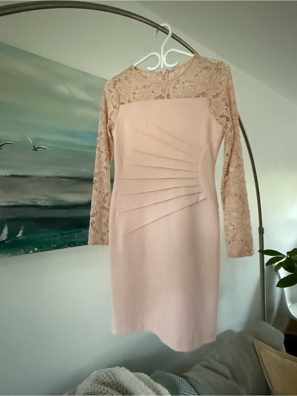 Ivanka Trump Blush Lace-Accent Long Sleeve Sheath Dress